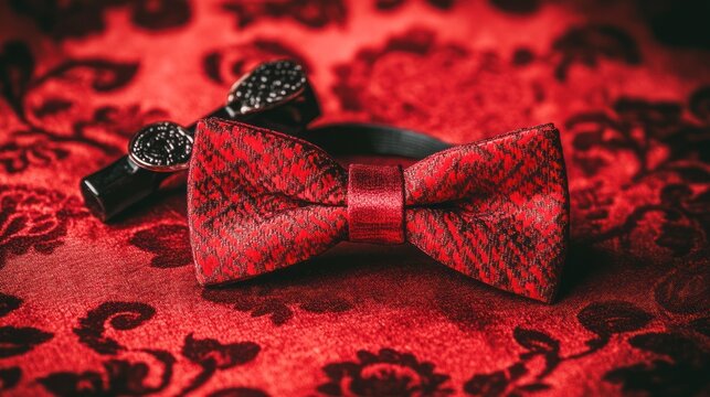 Elegant Red Bow Tie and Cufflinks on Ornate Fabric, Formal Wear Still Life
