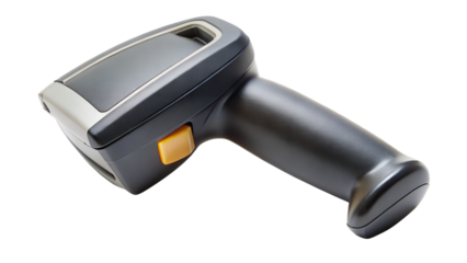A black and grey handheld barcode scanner with an orange button, isolated on transparent background