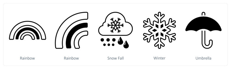 A set of 5 mix icons as rainbow, snowfall, winter