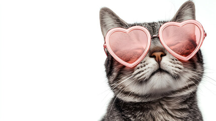 Happy cat wearing heart-shaped sunglasses, isolated on a clear white background, copy space