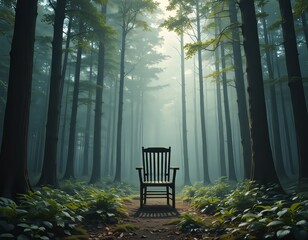 Una silla de madera en un bosque denso, rodeada de árboles