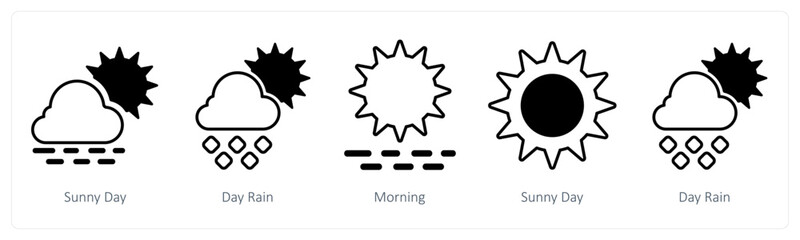 A set of 5 mix icons as sunny day, day rain, morning