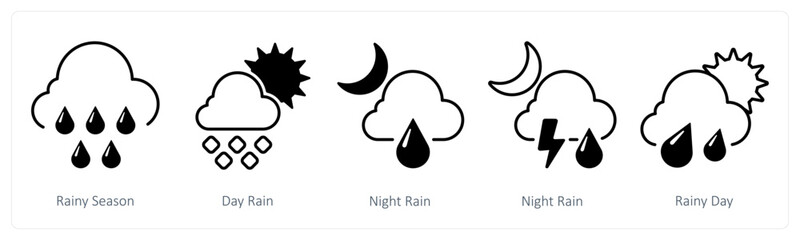 A set of 5 mix icons as rainy season, day rain, night rain