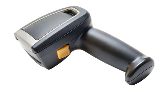 A black and grey handheld barcode scanner with an orange button, isolated on transparent background