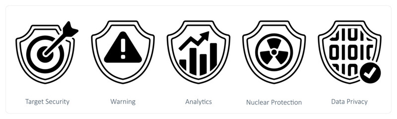 A set of 5 mix icons as target security, warning, analytics