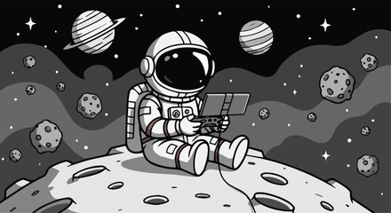 Astronaut Playing Video Games on the Moon with Alien Friends