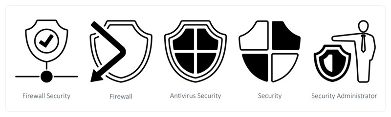 A set of 5 mix icons as firewall security, firewall, antivirus security