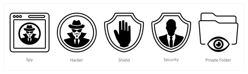 A set of 5 mix icons as spy, hacker, shield