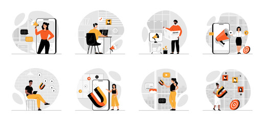 Bundle of Inbound Marketing concepts with people scene in flat cartoon design. Collection work with men and women. Business people attracting new clients. Vector illustration.