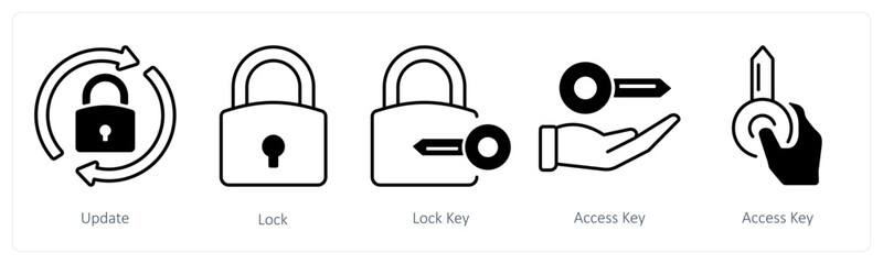 A set of 5 mix icons as update, lock, lock key