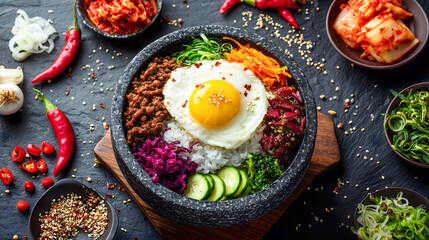 Korean food, bowl with rice, beef, and vegetables, topped with an egg. The dish on a black stone table surface, surrounded by Korean ingredients.