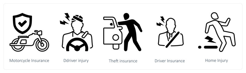 A set of 5 mix icons as motorcycle insurance, driver injury, theft insurance
