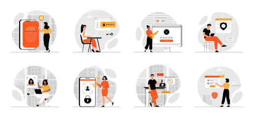 Bundle of Identity Verification concepts with people scene in flat cartoon design. Collection work with men and women. People log into their accounts using a password, Face ID, or fingerprint.