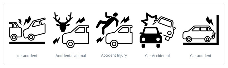 A set of 5 mix icons as car accident, accidental animal, accident injury