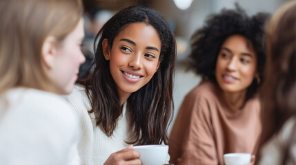 A diverse group of friends enjoying coffee, talking and laughing together in a warm, social setting. The image showcases concepts of identity, society, and human connection.