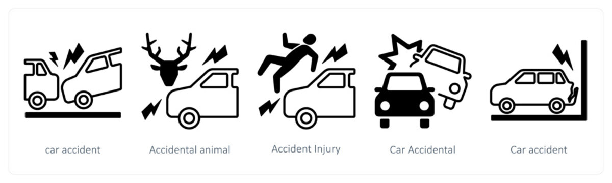 A set of 5 mix icons as car accident, accidental animal, accident injury