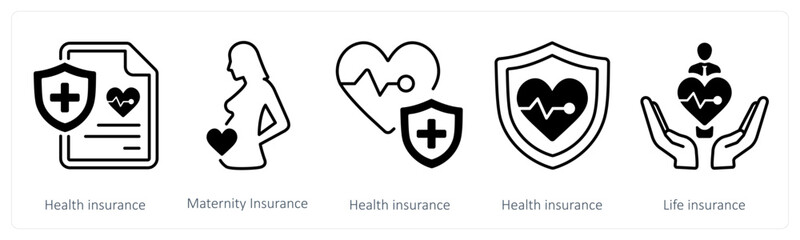 A set of 5 mix icons as health insurance, maternity insurance, life insurance