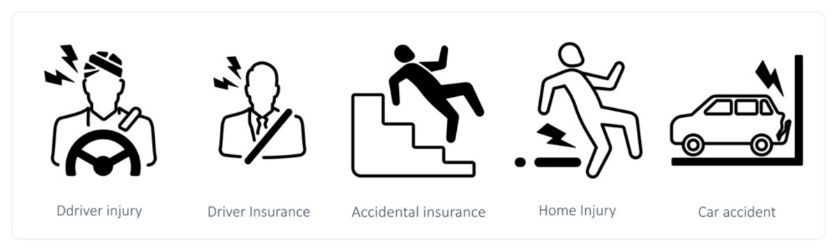 A set of 5 mix icons as driver injury, driver insurance, accidental insurance