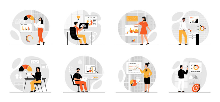 Bundle of Benchmarking concepts with people scene in flat cartoon design. Collection work with men and women. Business people analysis financial statistics, data, graph, report. Vector illustration