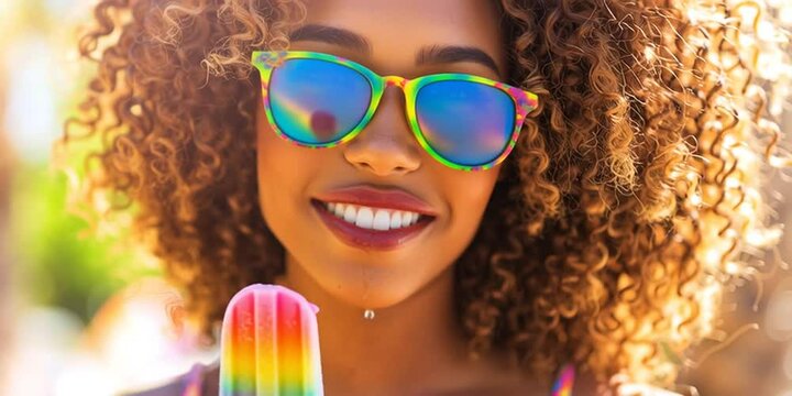 A woman licking a colorful popsicle 