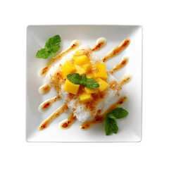 Delicious Mango Sticky Rice with Coconut Flakes and Sweet Sauce on White Square Plate