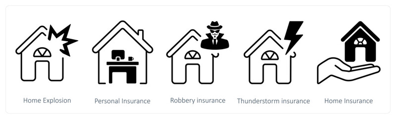 A set of 5 mix icons as home explosion, personal insurance, robbery insurance