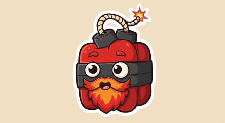 Cute Cartoon Bomb with Beard and Lit Fuse