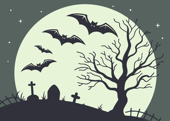 Spooky Halloween Night Scene with Bats Trees and Cemetery Silhouette scene featuring bats flying over graveyard