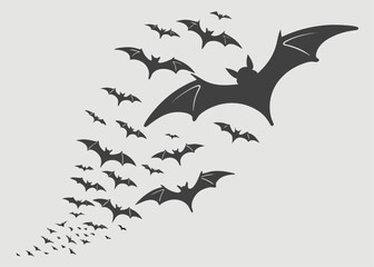 Swarm of Bats Flying in a Group Formation Against a Gray Background silhouette large group bats