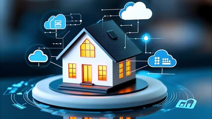 A digital representation of a smart home with cloud technology and connected devices illustrated around it.