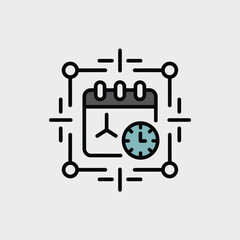 Minimalist vector icon depicting a dark gray calendar with a teal clock and a stylized connection network of black lines and circles against a light gray background illustrating scheduling
