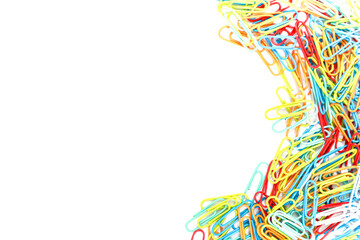 Colorful paper clips isolated on white background create a vibrant border, perfect for office or...