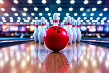 Bowling Ball & Pins on Lane: Close-Up Shot of Red Bowling Ball Ready to Strike in a Bowling Alley with Bright Lights & Wooden Lane
