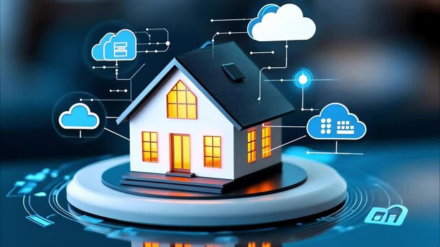 A digital representation of a smart home with cloud technology and connected devices illustrated around it.