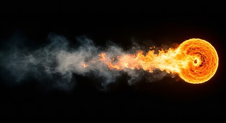 Fiery Ball of Energy: Dynamic Fireball with Smoke Trail - High-Resolution Image of a Burning Sphere in Motion on Black Background