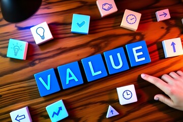 Value Concept Image: Wooden Blocks Spelling Value, Business Growth, Idea Generation, Time Management, and Positive Checkmarks on Wood Table