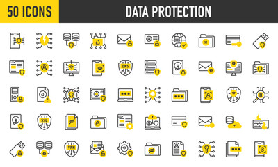 50 Data Protection icons. such as Dns, Public, Ip Address, Secure Folder, Profile, Key, Encrypted Data, Network, Ssl, Settings, Cloud Server, Restricted, World Grid stroke vector illustration.
