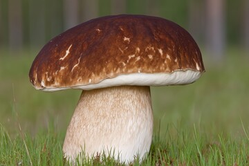 Porcini mushroom on grass, King bolete in forest, Fresh boletus nature background
