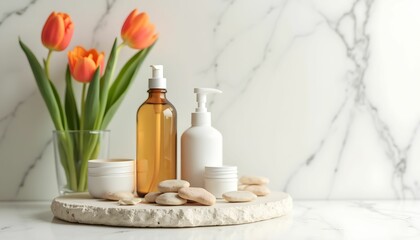 Spa products beauty bottles tulips flowers wellness skincare natural marble background