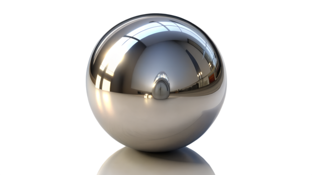A highly polished chrome sphere, isolated on transparent background, reflects a blurry image, showcasing its perfect roundness and reflective surface