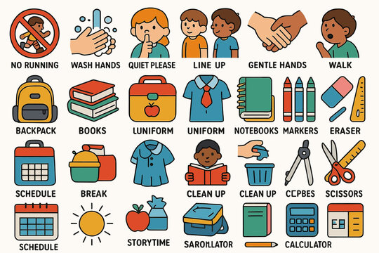 School day rules and routines: diverse children illustrations and classroom supplies