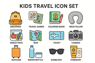 Kids travel icon set featuring essentials for young adventurers