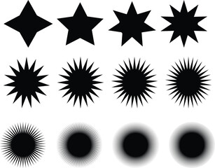 Vector Collection of Geometric Starburst and Radial Circle Shapes – Abstract Black Silhouettes for Icons, Logos, Badges, Patterns, and Graphic Design Elements