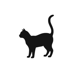Silhouette of a cat standing in profile, with its tail raised, against a white background.