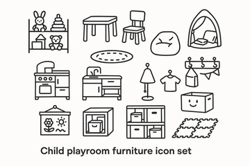 Child playroom furniture icon set with toys, storage, and play equipment