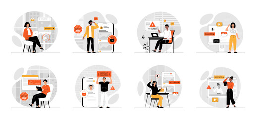 Bundle of Blocking Banned User Account on Social Media with people scene in flat cartoon design. Collection work with men and women. People is worried about error notification, access denied.
