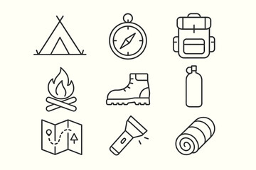 Fototapeta premium Camping adventure icons: tent, compass, backpack, campfire, hiking boot, water bottle, map, flashlight, sleeping bag