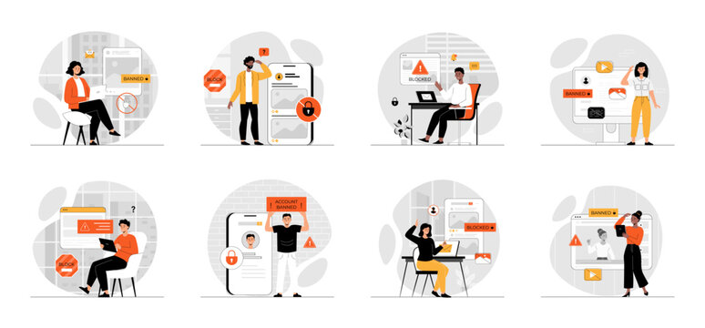 Bundle of Blocking Banned User Account on Social Media with people scene in flat cartoon design. Collection work with men and women. People is worried about error notification, access denied.