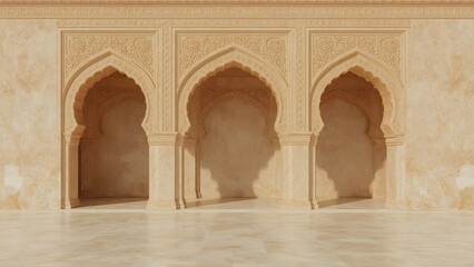 Elegant Sunlit Interior of Ancient Stone Palace with Ornate Arches