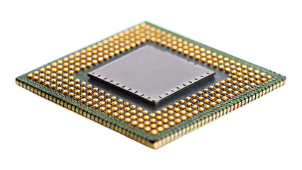 A detailed closeup of a goldpinned microchip, isolated on transparent background, reveals its intricate design and technological complexity